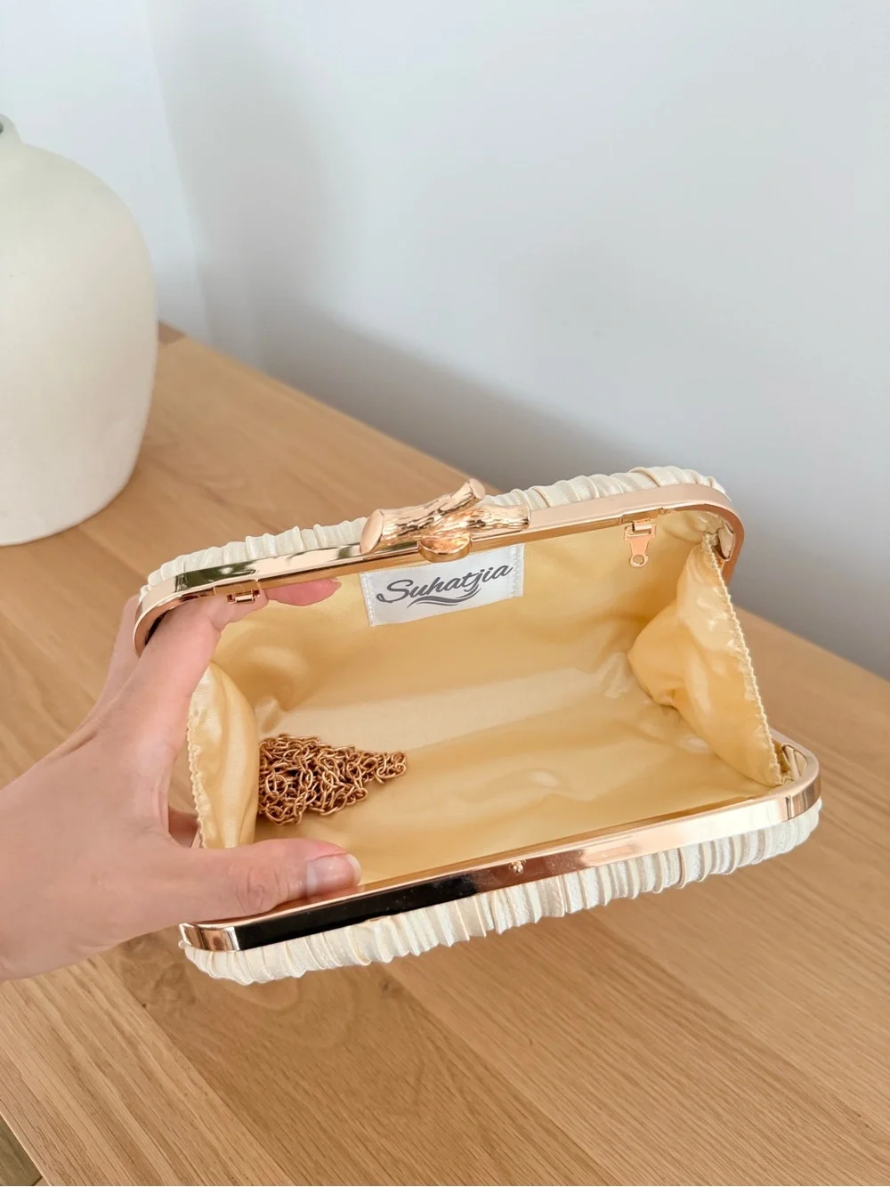 Elegant Cream Satin Pleated Clutch with Gold Accent New